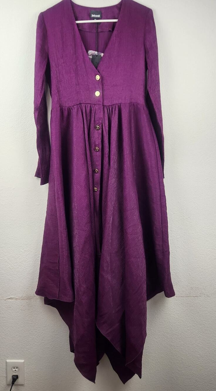 Just Cavalli Purple Dress V Neck Long Sleeve Crepe Size 38 Italian US XS NWT